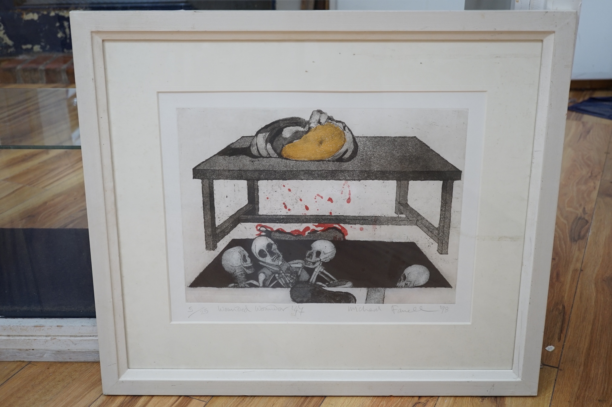 From the Studio of Fred Cuming. Michael Farrell (1940-2000), limited colour etching 5/25, ‘Wounded Wonder’, signed in pencil, 34 x 44cm. Condition - fair